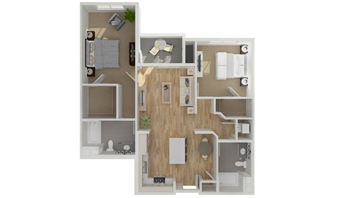 Floor plan for 2 beds, 2 baths, 1076 sqft
